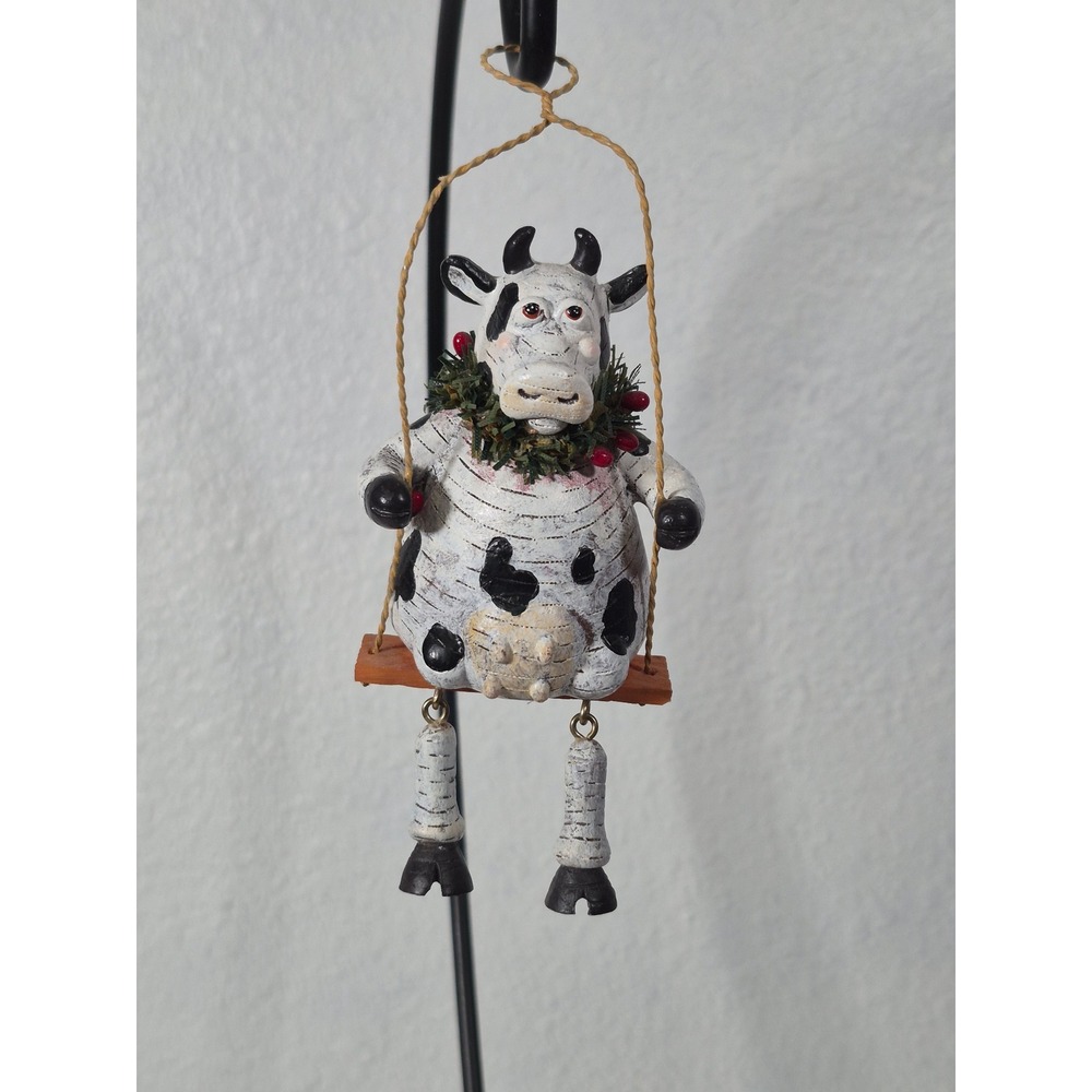 Vintage Folk Art Cow on Swing Christmas Ornament Farmhouse Wreath Rustic Decor